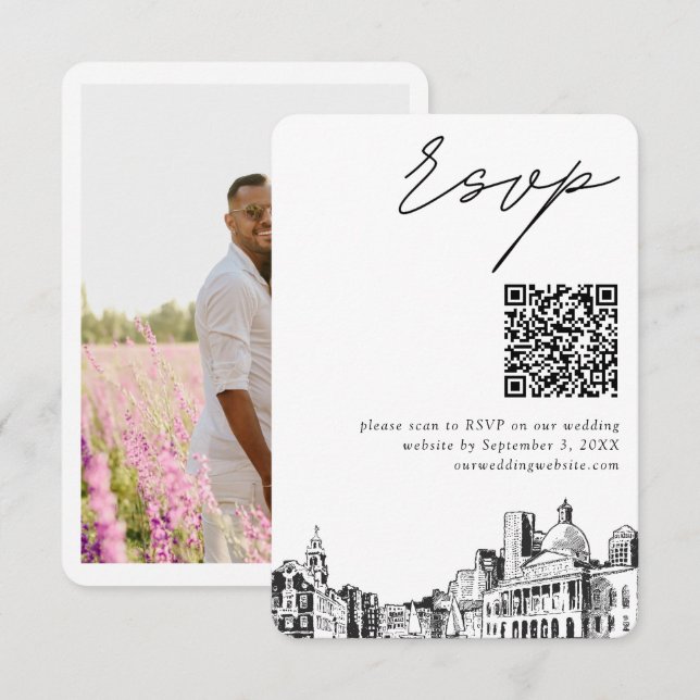 Carte D'accompagnement Boston Mariage moderne RSVP QR Code (Devant / Derrière)