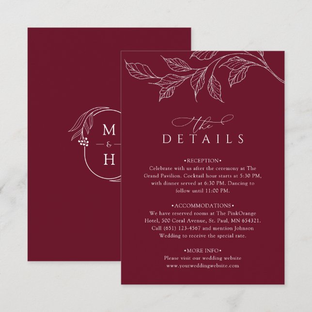 Carte D'accompagnement Botanical Monogram Wedding Details Burgundy (Devant / Derrière)