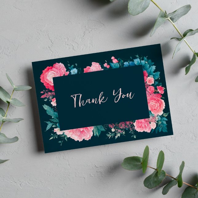 Carte D'accompagnement Botanique bleu vert vert rose Merci floral (Botanic nordic blue green pink floral Thank You )