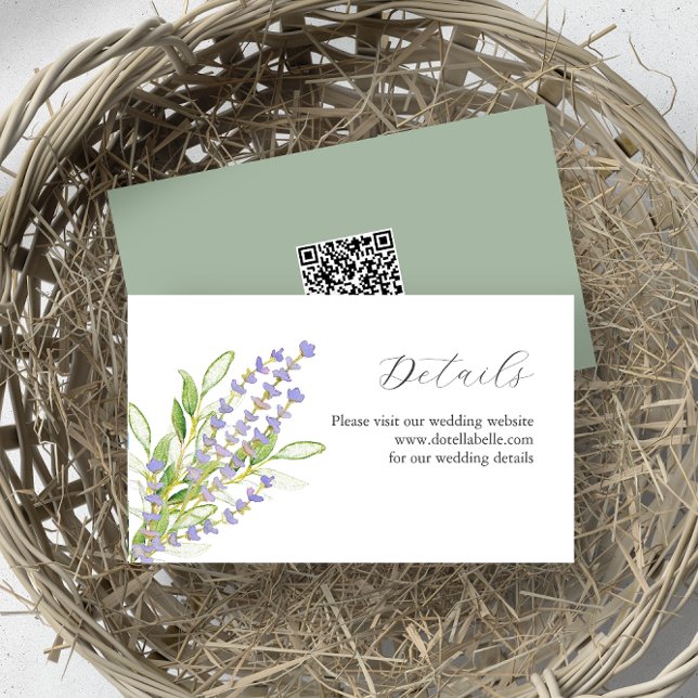 Carte D'accompagnement Botanique Botanique Lavande Mariage aquarelle (wedding details card QR code watercolor lavender art by Victoria Grigaliunas of Do Tell A Belle)
