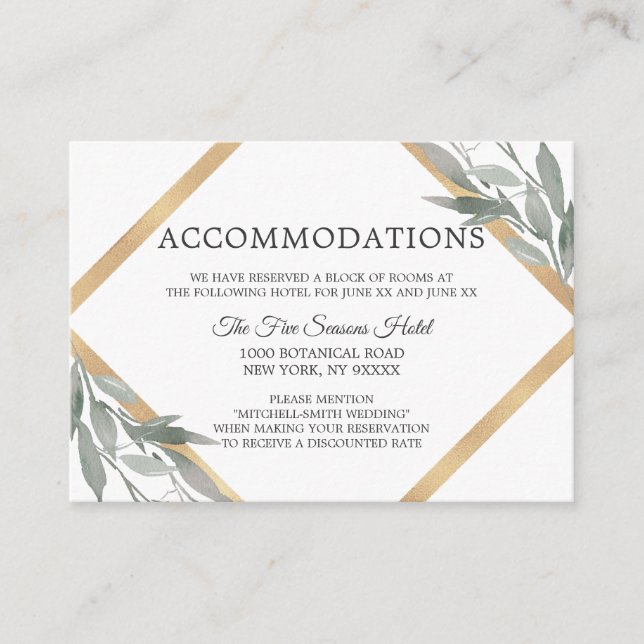 Carte D'accompagnement Botanique Feuille Gold Mariage HÉBERGEMENT (Devant)
