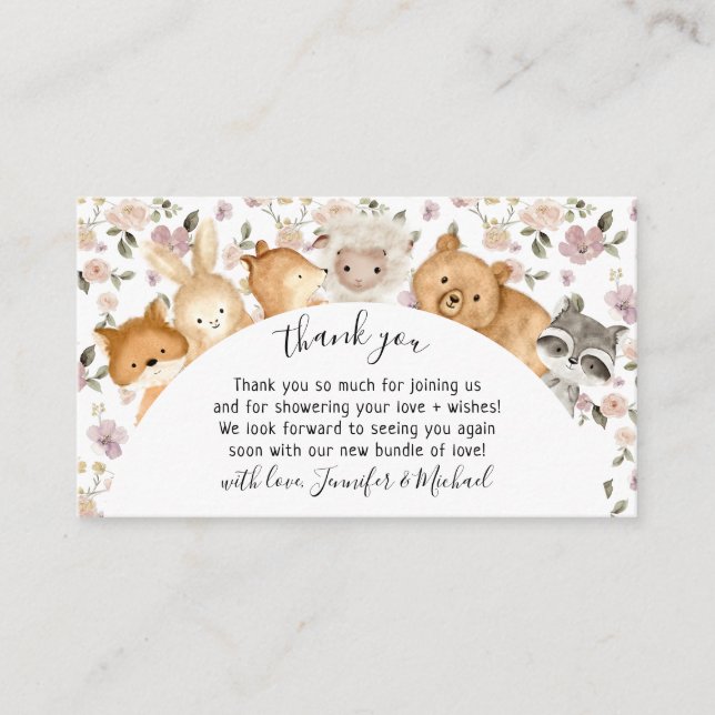 Carte D'accompagnement Botanique Fleur Forêt Bébé Animaux Merci (Devant)