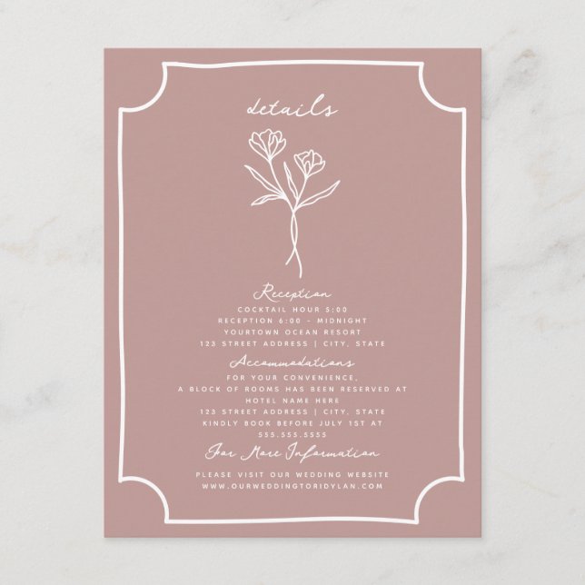 Carte D'accompagnement Botanique Floral rose Détails du Mariage (Devant)