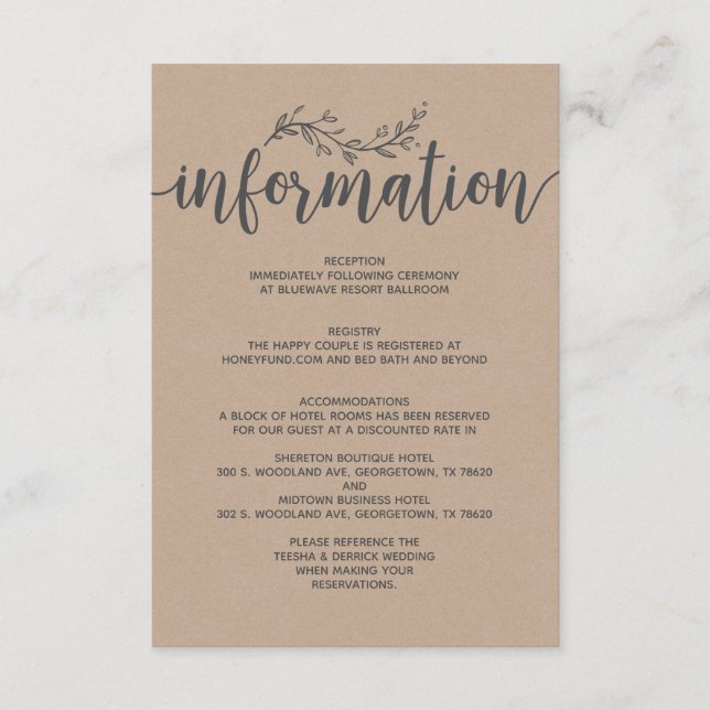 Carte D'accompagnement Botanique rustique mariage d'information (Devant)