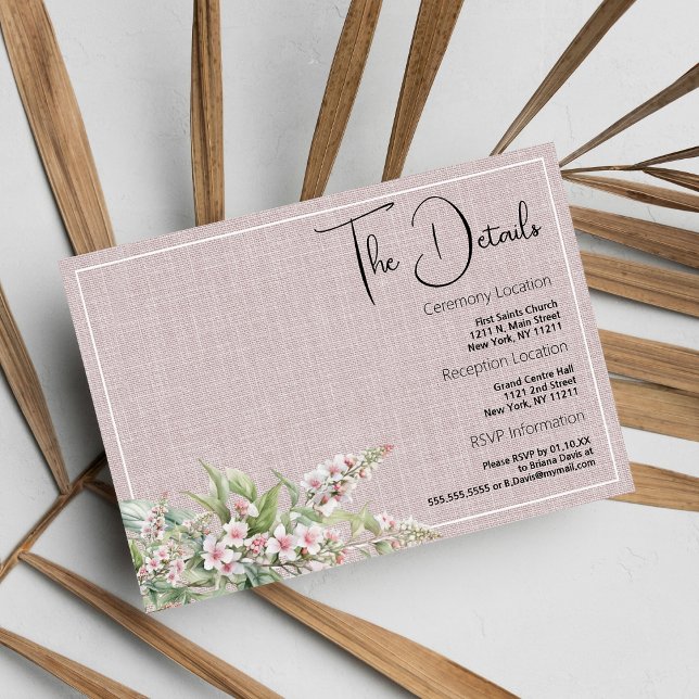 Carte D'accompagnement Botanique rustique rousse menthe rose détails (Botanical rustic blush pink mint floral Details Enclosure )
