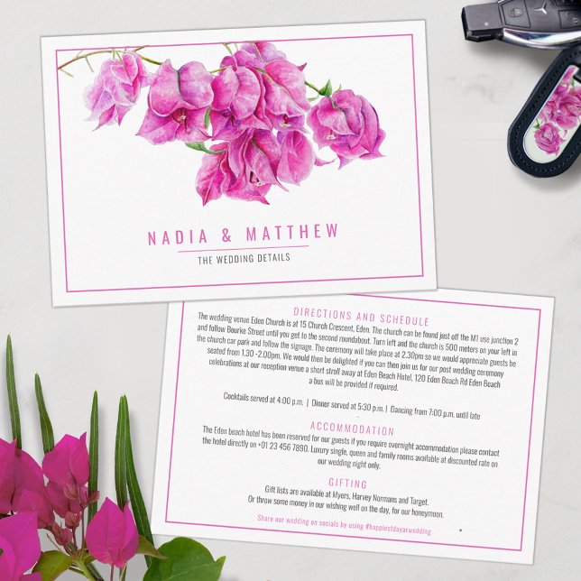 Carte D'accompagnement Bougainvillea aquarelle rose détails du mariage (Créateur téléchargé)