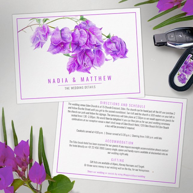 Carte D'accompagnement Bougainvillea aquarelle violet détails du mariage (Créateur téléchargé)