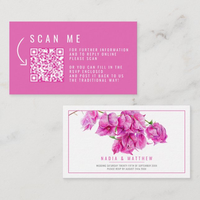 Carte D'accompagnement Bougainvillea mariage couleur rose QR code (Devant / Derrière)