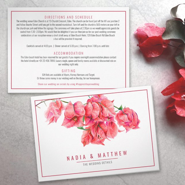 Carte D'accompagnement Bougainvillea rouge aquarelle détails du mariage (Créateur téléchargé)