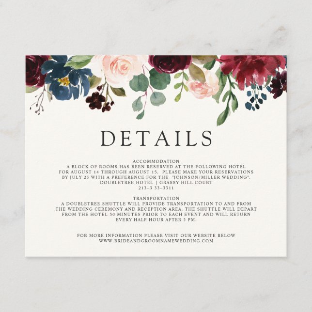 Carte D'accompagnement Bouquet Bourgogne | Détails du mariage (Devant)