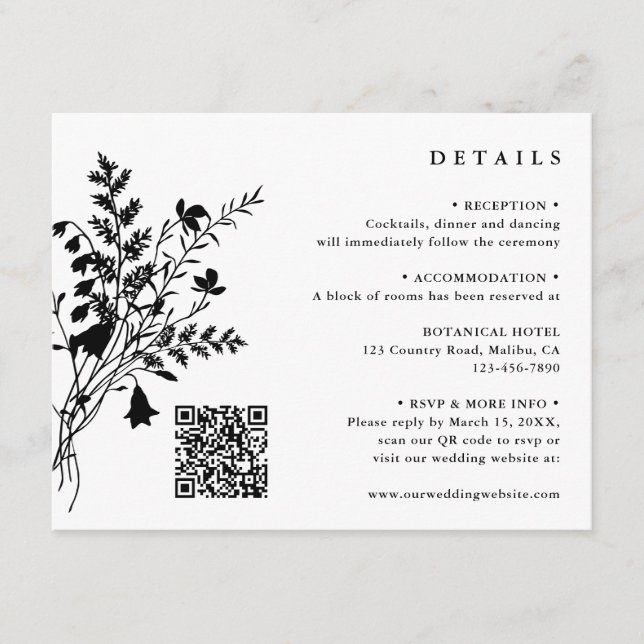 Carte D'accompagnement Bouquet de Fleur sauvage noir et blanc Détails du  (Devant)