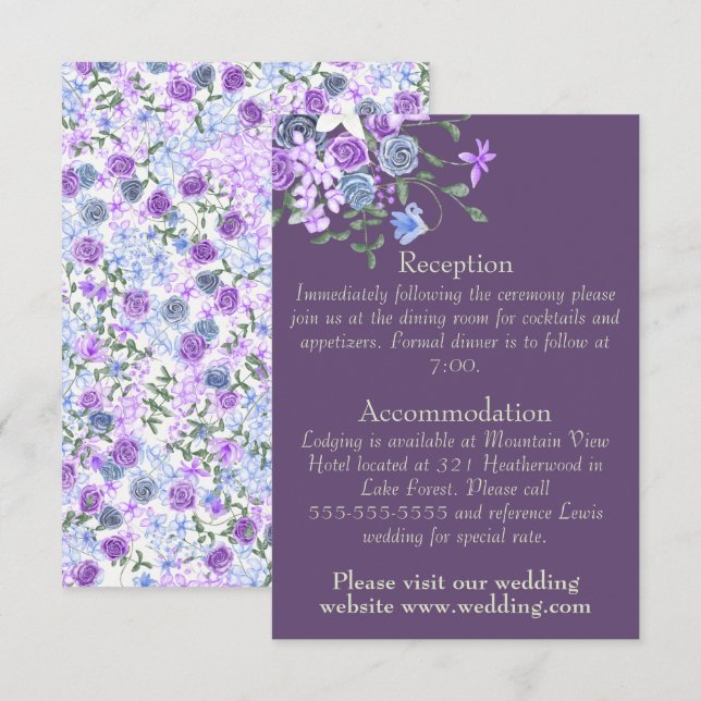 Carte D'accompagnement Bouquet de rose violet et bleu Détails du Mariage (Devant / Derrière)