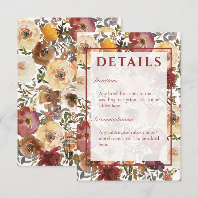 Carte D'accompagnement Bouquets d'aquarelle d'automne Détails du Mariage (Devant / Derrière)