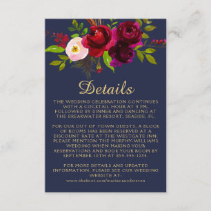 Carte D'accompagnement Bourgogne Bleu Nuit Floral Élégant Script