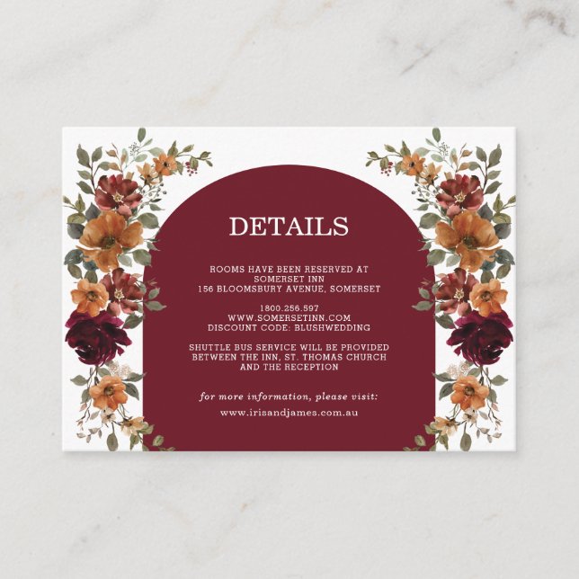 Carte D'accompagnement Bourgogne Brûlé Orange Rust Floral Détails Mariage (Devant)