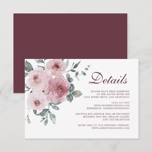 Carte D'accompagnement Bourgogne Dusty Rose Floral Détails Mariage Enclos (Devant / Derrière)