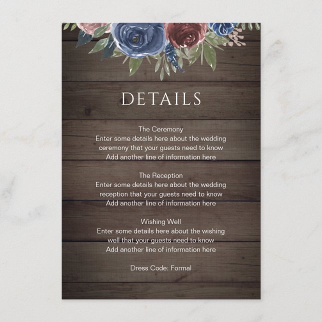 Carte D'accompagnement Bourgogne et marine Blush Floral Rustic Wood Maria (Devant)