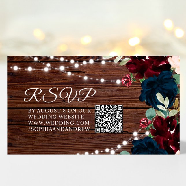 Carte D'accompagnement Bourgogne et marine Fleur bleue Russe Mariage QR R (Créateur téléchargé)
