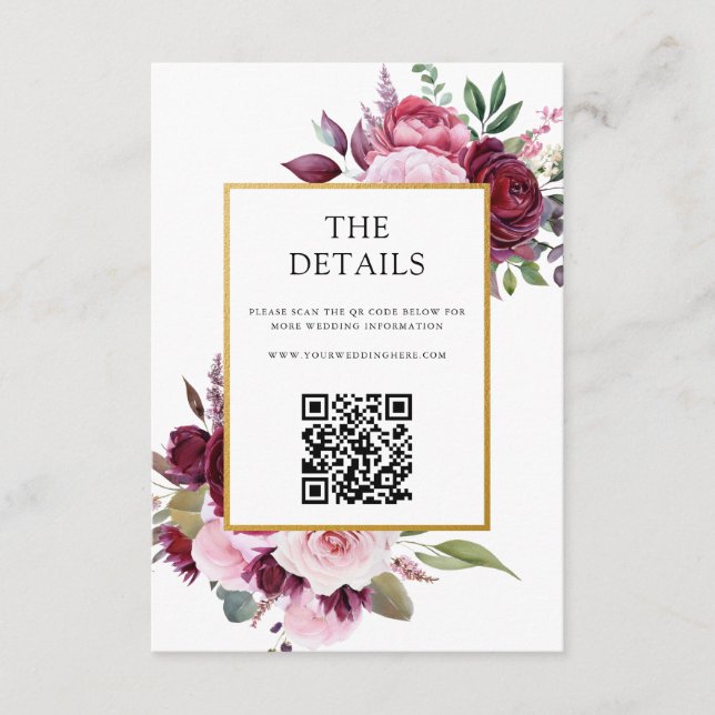 Carte D'accompagnement Bourgogne et rose Elégant Mariage floral (Devant)