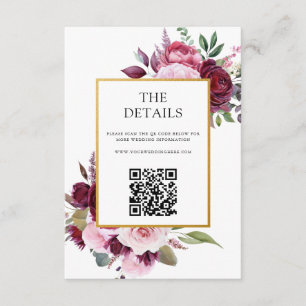 Carte D'accompagnement Bourgogne et rose Elégant Mariage floral
