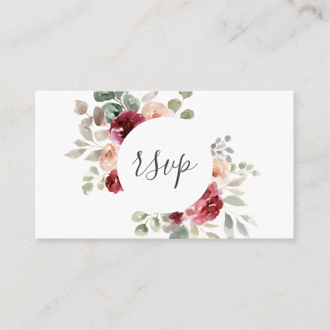 Carte D'accompagnement Bourgogne Fleurs Roses Claires Mariage Vert RSVP (Devant)