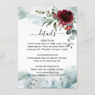 Carte D'accompagnement Bourgogne Floral Winter merveilleuse Détails sur l