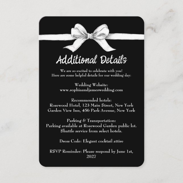 Carte D'accompagnement Bow noir et blanc | Mariage élégant | Monochrome (Devant)