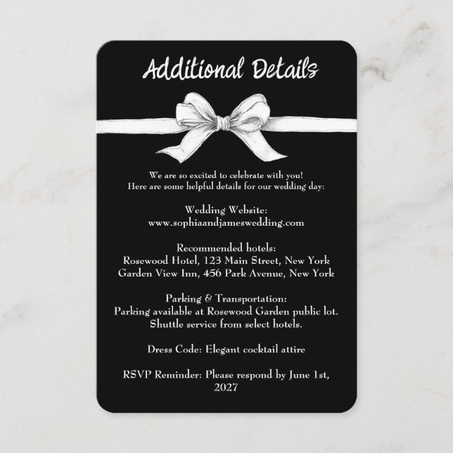Carte D'accompagnement Bow noir et blanc | Mariage élégant | Monochrome (Devant)
