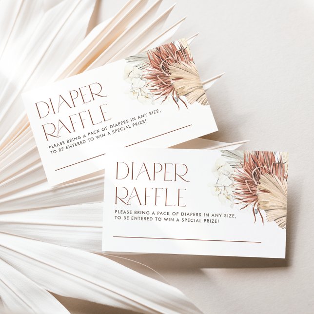 Carte D'accompagnement Brochure blanche et Feuille de palmier Barreau de  (This boho diaper raffle card featuring watercolor white orchids, dried palm leaves, and pampas.)
