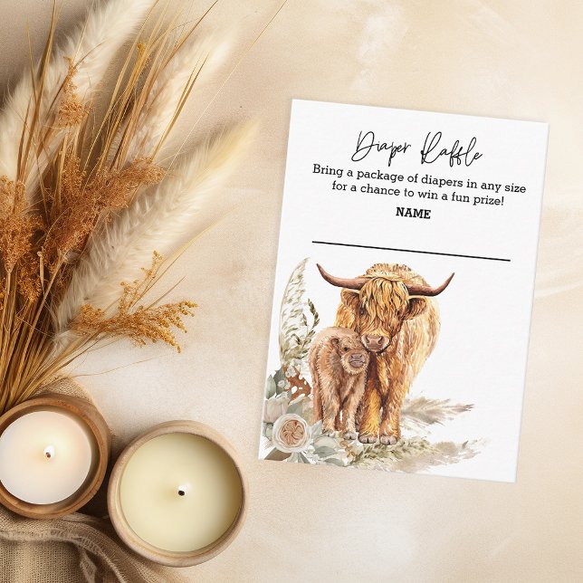 Carte D'accompagnement Brochure Raffle Highland Cow Calf Boho Pampas Gras (Créateur téléchargé)