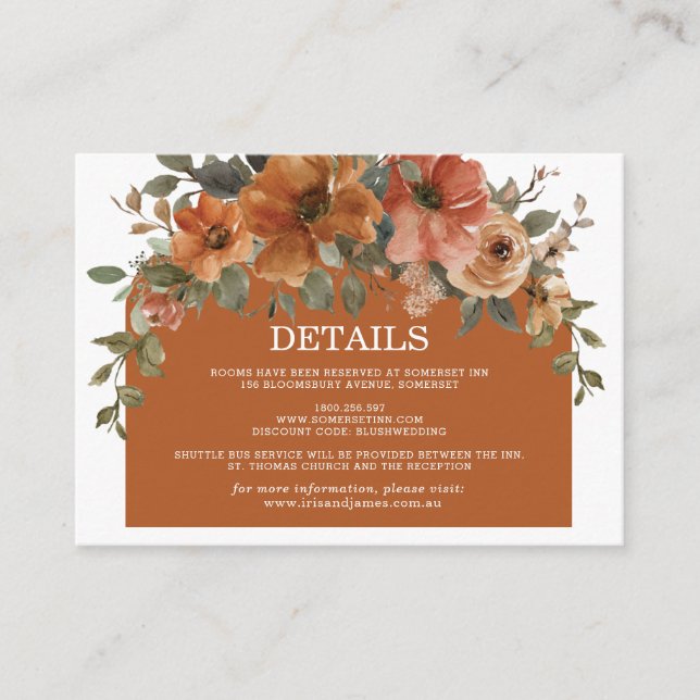 Carte D'accompagnement Brûlé Orange Rust Cuivre Floral Détails du Mariage (Devant)