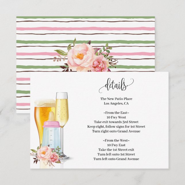 Carte D'accompagnement Bubbles & Brews avant bébé Baby shower rose dû (Devant / Derrière)