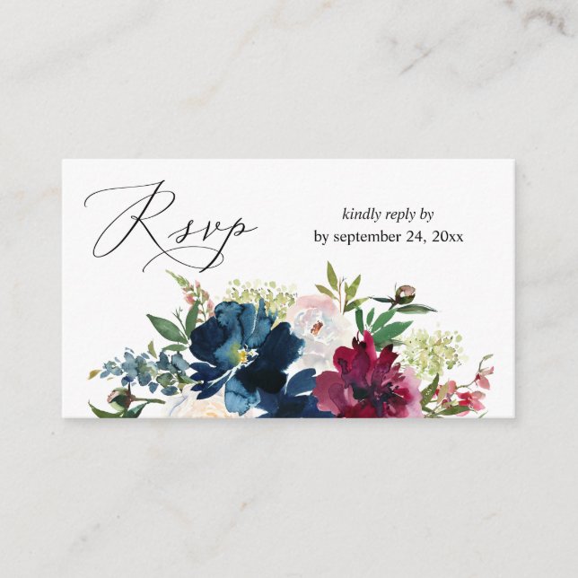 Carte D'accompagnement Budget Blue, Bourgogne et blanc Floral 2SM Repas R (Devant)
