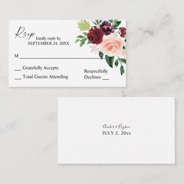 Carte D'accompagnement Budget Bourgogne & Pink Floral 4 2SM Pas de repas  (Devant / Derrière)