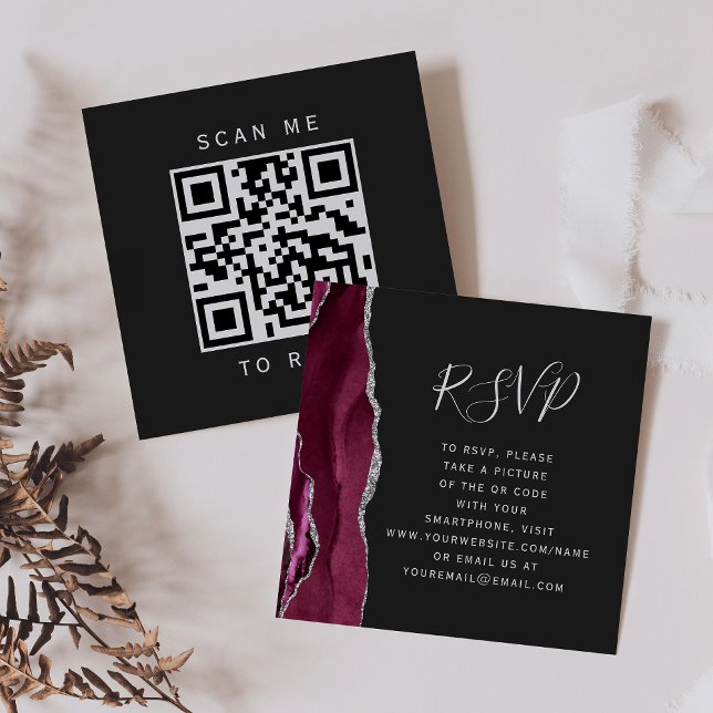 Carte D'accompagnement Budget Burgundy Silver Agate Dark QR Code RSVP (Créateur téléchargé)