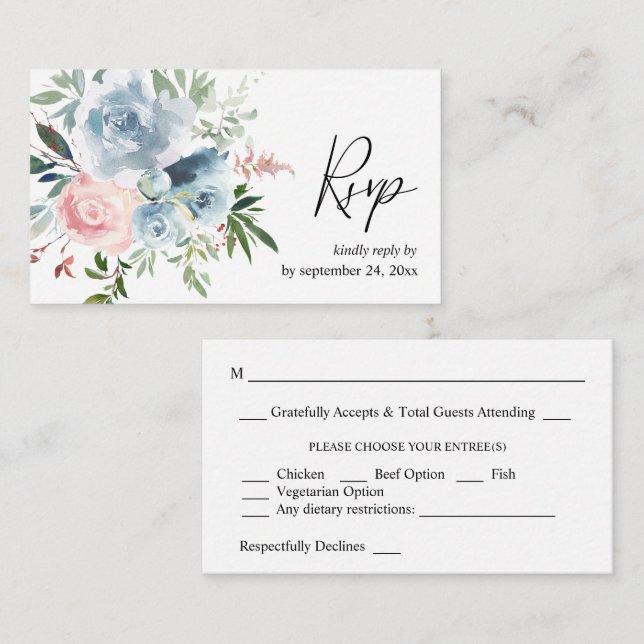 Carte D'accompagnement Budget Dusty Blue & Blush Rose Floral 2SM Repas RS (Devant / Derrière)