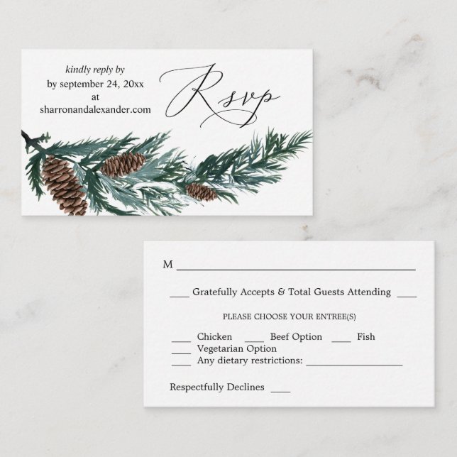 Carte D'accompagnement Budget Hiver Pine Cône Vert Repas SM RSVP (Devant / Derrière)