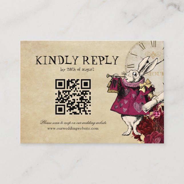 Carte D'accompagnement BUDGET QR Code Burgundy Alice Wonderland Mariage (Devant)