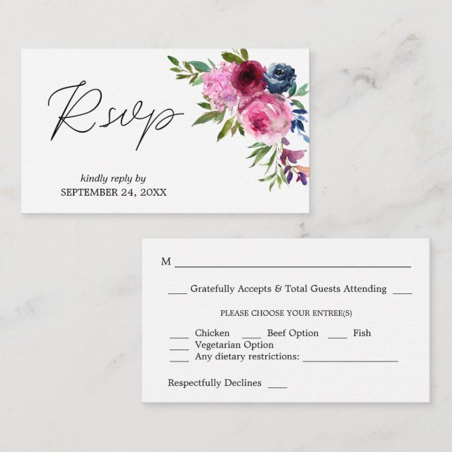 Carte D'accompagnement Budget Rose chaud & Navy Floral SM Repas RSVP (Devant / Derrière)