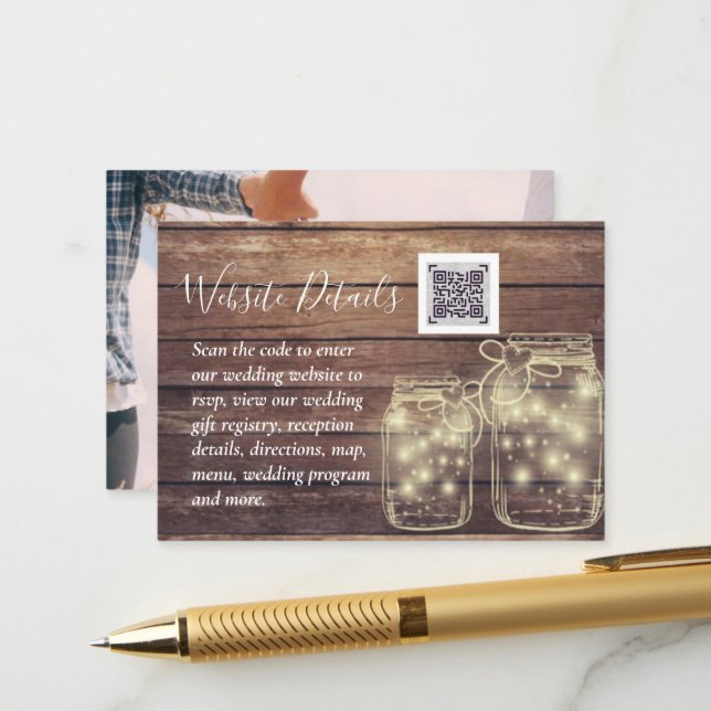 Carte D'accompagnement BUDGET Rustique Mason Jar Lumières MARIAGE en bois (Devant/Arrière en situation)