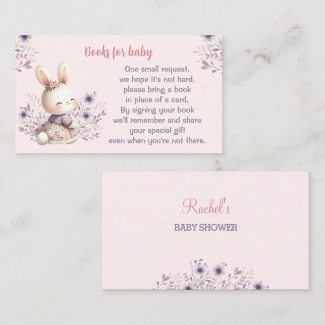 Carte D'accompagnement Bunny Pink Purple Livres Baby shower Pour Bébé (Devant / Derrière)