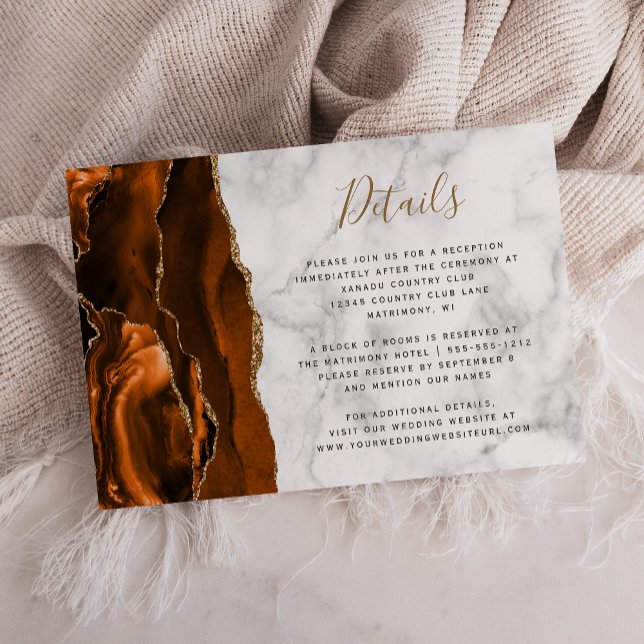 Carte D'accompagnement Burange Orange Gold Agate Marbre Détails du Mariag (Créateur téléchargé)