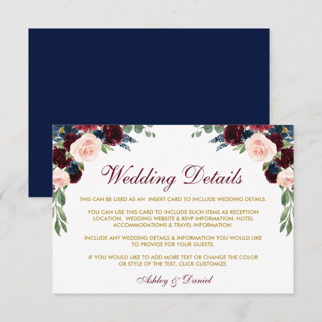 Carte D'accompagnement Burgundy Blue Floral Gold Détails du Mariage Insér (Devant / Derrière)