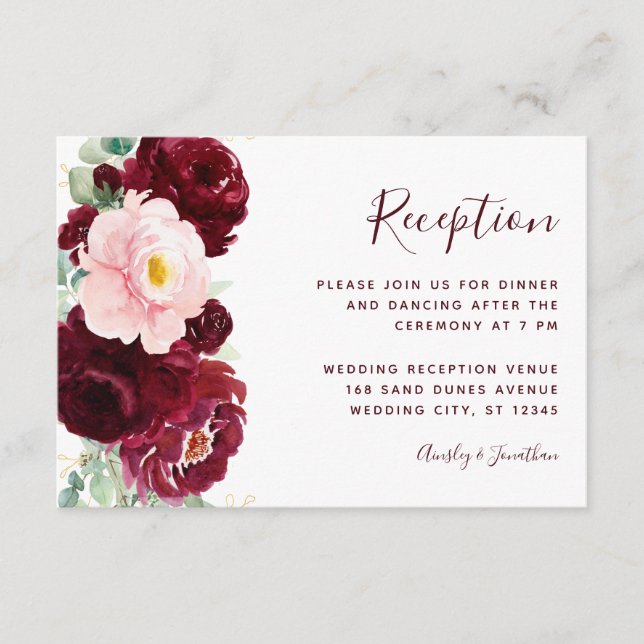 Carte D'accompagnement Burgundy Blush Floral Moderne Réception de mariage (Devant)