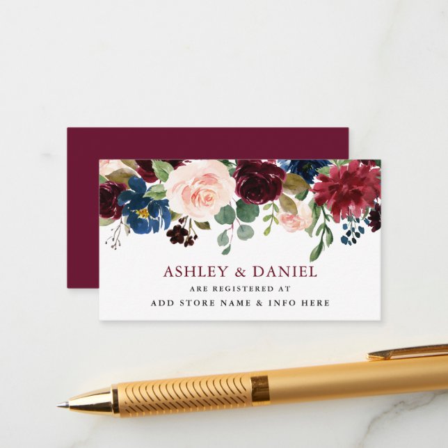 Carte D'accompagnement Burgundy Classic Blue Floral Registre Mariage (Devant/Arrière en situation)