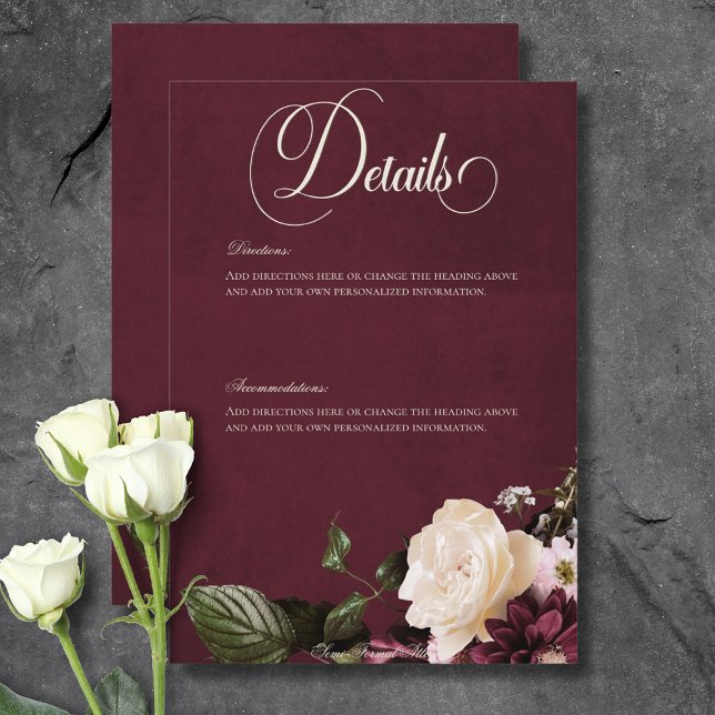 Carte D'accompagnement Burgundy et crème foncée Détails floraux (Dark Elegant Burgundy & Cream Floral Details Enclosure Card)