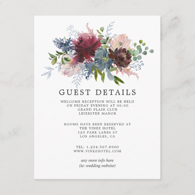 Carte D'accompagnement Burgundy et Navy Floral Mariage Détails au sujet d (Devant)