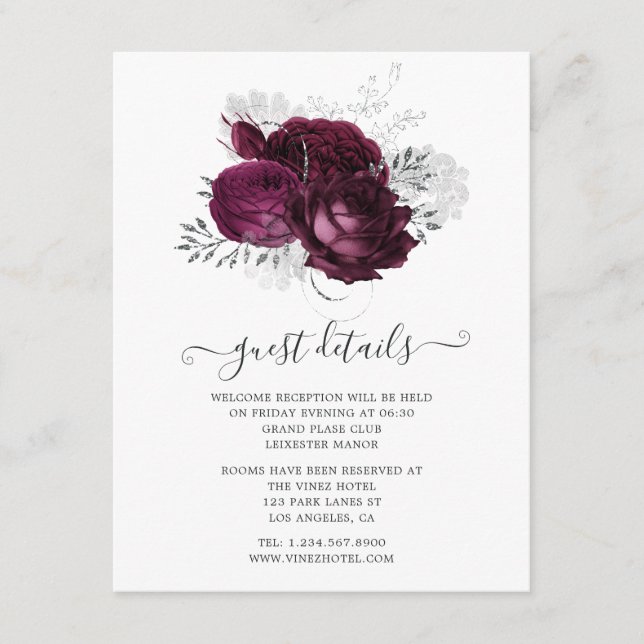 Carte D'accompagnement Burgundy et Silver Floral Mariage Détails au sujet (Devant)