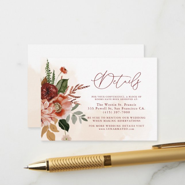 Carte D'accompagnement Burgundy et Terracotta Détails du Mariage (Devant/Arrière en situation)