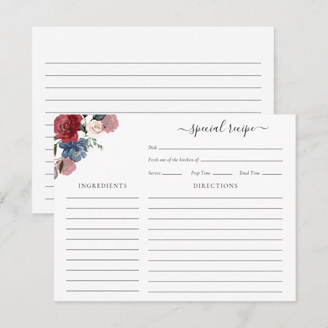 Carte D'accompagnement Burgundy Fête des mariées florale Script Recette (Devant / Derrière)
